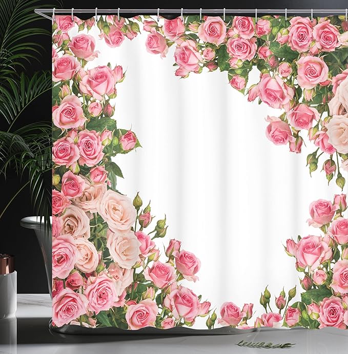 Ambesonne Rose Shower Curtain, Flower Bushes Frame Bridal Themed Elements Park Summer Occasions Illustration, Cloth Fabric Bathroom Decor Set with Hooks, 69" W x 70" L, Pink Green White