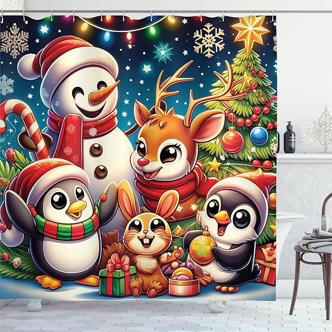 Ambesonne Christmas Shower Curtain, Colorful Winter Happiness Theme Cartoon Deer Penguin Rabbit and Snowman, Cloth Fabric Bathroom Decor Set with Hooks, 69" W x 70" L, Green Red Multicolor