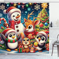 Ambesonne Christmas Shower Curtain, Colorful Winter Happiness Theme Cartoon Deer Penguin Rabbit and Snowman, Cloth Fabric Bathroom Decor Set with Hooks, 69" W x 70" L, Green Red Multicolor