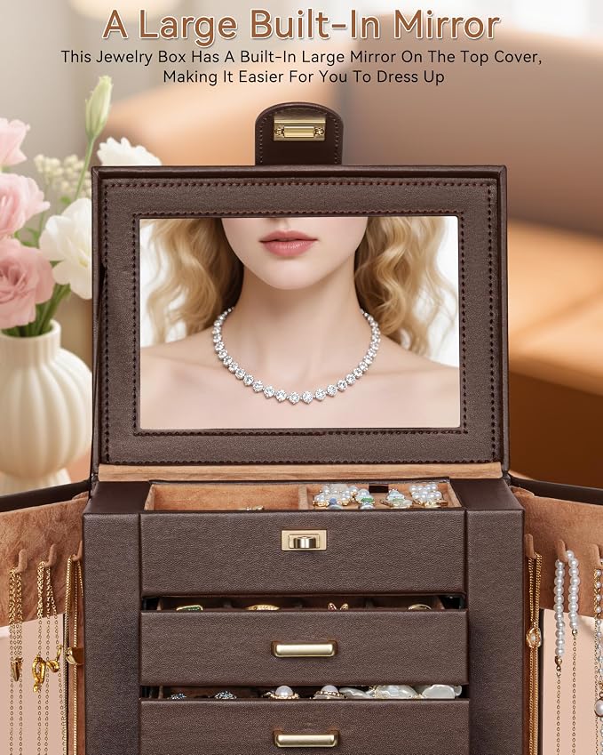 AKOZLIN 6-Tier Jewelry Box Organizer Functional 5 Drawers Leather Jewelry Storage Case for Women Girls Ring Necklace Earring Bracelet Holder Organizer with Mirror Brown 360° Rotating