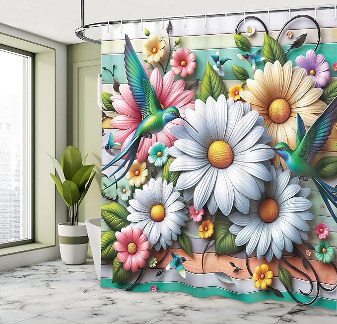 Ambesonne Spring Shower Curtain, Whimsical Bold Colorful Hummingbirds and Daisy Flowers on Wooden Planks Back, Cloth Fabric Bathroom Decor Set with Hooks, 69" W x 75" L, Teal Lilac Green