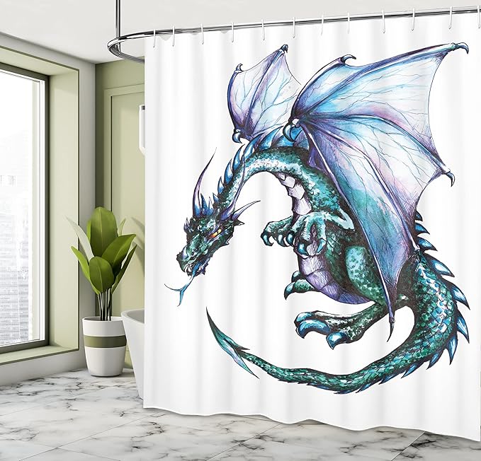 Ambesonne Dragon Shower Curtain, Epic Beast Dragon Created with Vibrant Gradient Colored Graphic Devil Image, Cloth Fabric Bathroom Decor Set with Hooks, 69" W x 75" L, Purple Teal