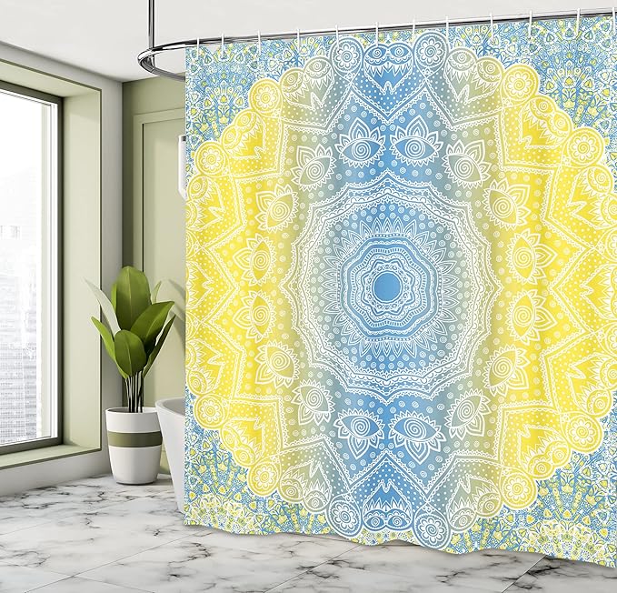 Ambesonne Blue and Yellow Shower Curtain, Ombre Mandala Design Tribal Chinese Esoteric Pattern Mystic Universe Print, Cloth Fabric Bathroom Decor Set with Hooks, 69" W x 70" L, Blue Yellow