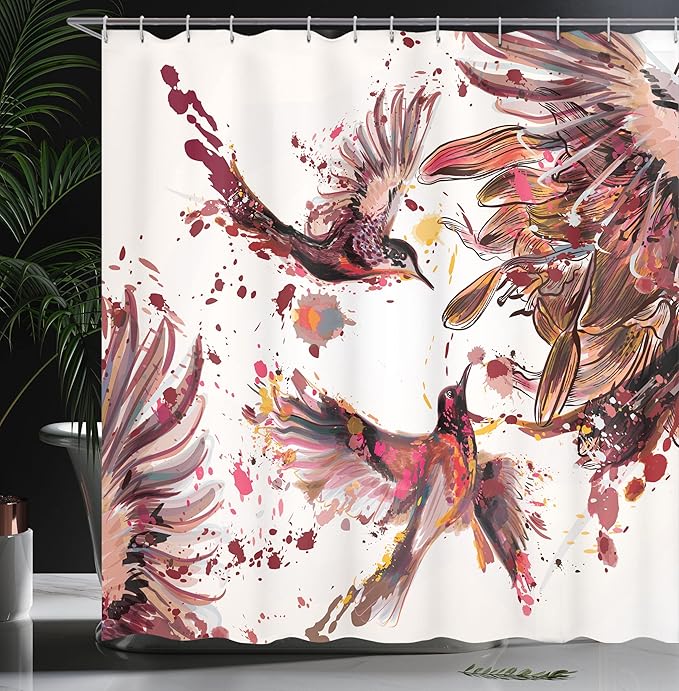 Ambesonne Hummingbird Shower Curtain, Art Lily Flowers Birds and Color Splashes in Watercolor Painting Style, Cloth Fabric Bathroom Decor Set with Hooks, 69" W x 84" L, Dark Peach