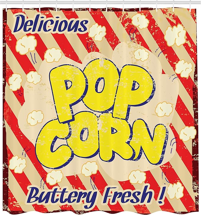 Ambesonne 1960s Shower Curtain, Popcorn Vintage Grunge Delicious Buttery Tasty Movie Advertising, Cloth Fabric Bathroom Decor Set with Hooks, 69" W x 70" L, Blue Scarlet