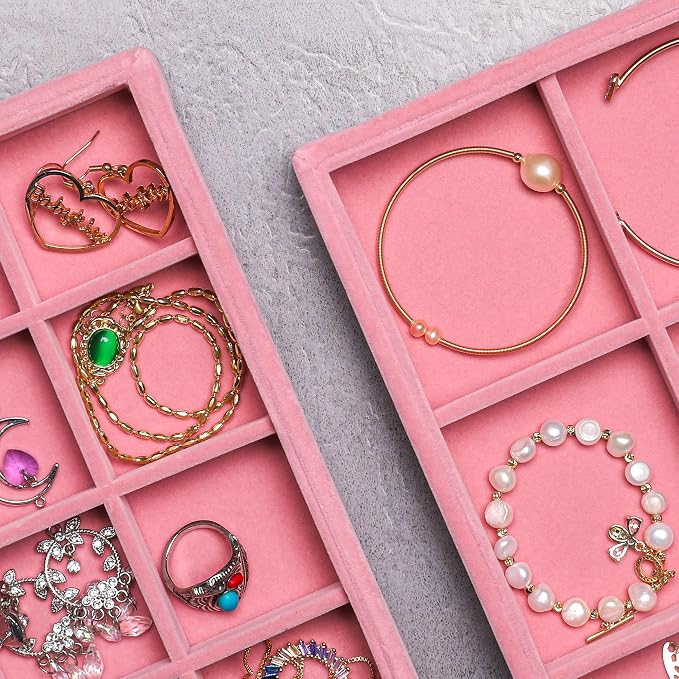 Frebeauty Jewelry Trays for Drawer,Set of 2 Jewelry Organizer and Storage | Velvet Material,Stackable,Adjustable Dividers,Drawer Inserts for Rings Studs Bracelet,Earring Organizer for Women Girls