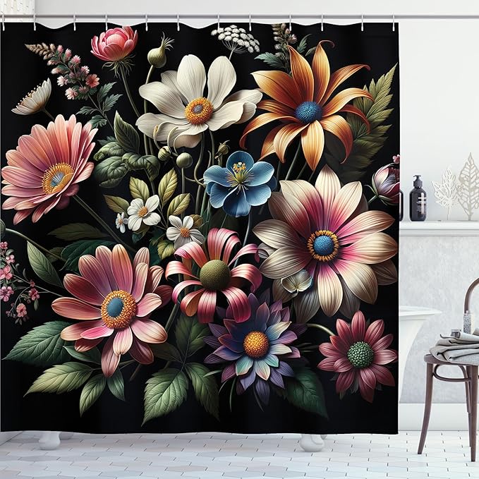 Ambesonne Boho Floral Shower Curtain, Romantic Night Theme Whimsical Flowers Arrangement on Black Background, Cloth Fabric Bathroom Decor Set with Hooks, 69" W x 84" L, Evergreen Pink Blue
