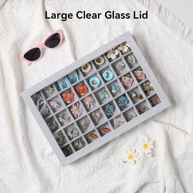 Frebeauty 40 Grid Earring Organizer,Velvet Jewelry Tray with Clear Lid | Drawer Jewelry Organizer for Rings Studs Beads,Adjustable Dividers,Dustproof,Earring Storage,Trinket Box,13.8×9.5Inches
