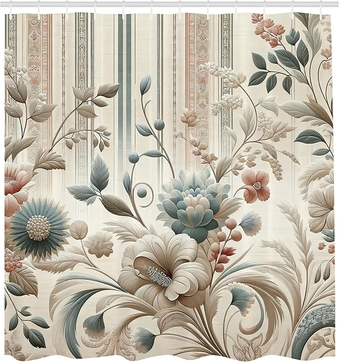 Ambesonne Vintage Shower Curtain, Nostalgic Delicate Flowers and Curling Leafy Details in Soft Colors, Cloth Fabric Bathroom Decor Set with Hooks, 69" W x 75" L, Eggshell Pale Slate Blue
