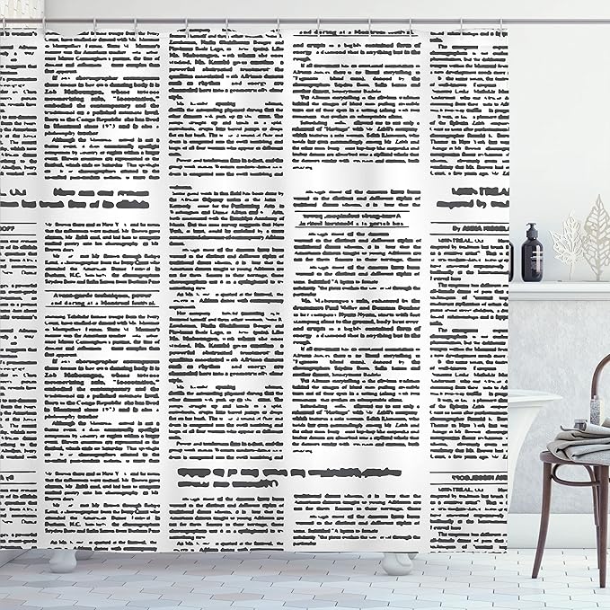 Ambesonne Old Newspaper Shower Curtain, Close up View of Aged Journal Page Headings News Articles Columns, Cloth Fabric Bathroom Decor Set with Hooks, 69" W x 70" L, Charcoal Grey White