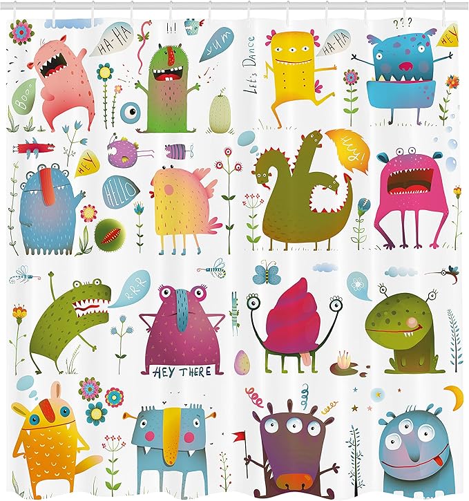 Ambesonne Funny Shower Curtain, Cartoon Monsters Design Let's Dance Boho Groovy Fun Creatures in Garden, Cloth Fabric Bathroom Decor Set with Hooks, 69" W x 70" L, Green Blue