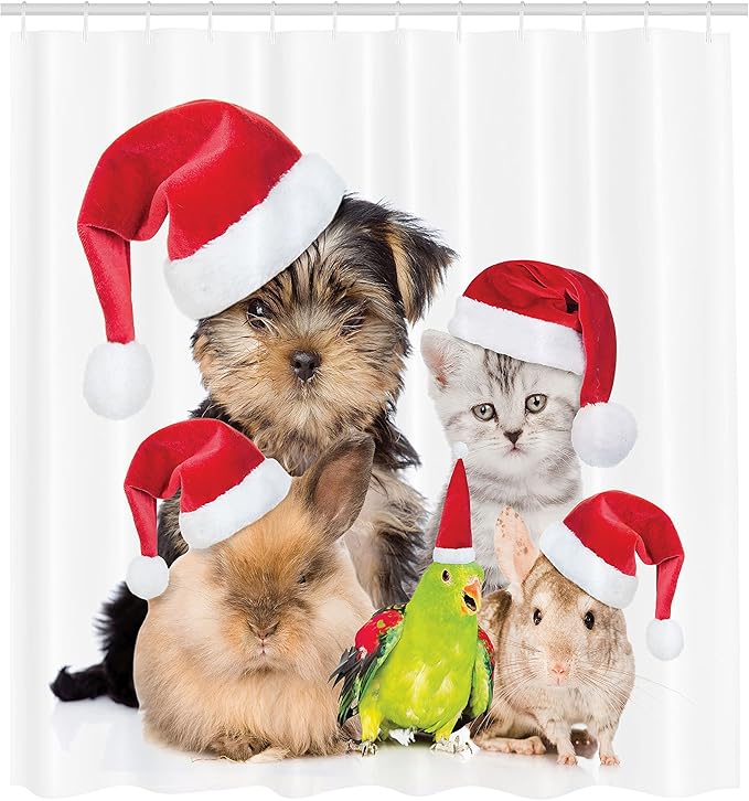 Ambesonne Christmas Shower Curtain, Xmas Crew Cat Dog Bird Mouse and Rabbit Bunny with Santa Hats Grumpy Pets Picture, Cloth Fabric Bathroom Decor Set with Hooks, 69" W x 70" L, Red Brown