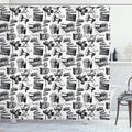 Ambesonne Movie Shower Curtain, Vintage Film Cinema Motion Camera Action Record Graphic Style Print, Cloth Fabric Bathroom Decor Set with Hooks, 69" W x 75" L, Charcoal White