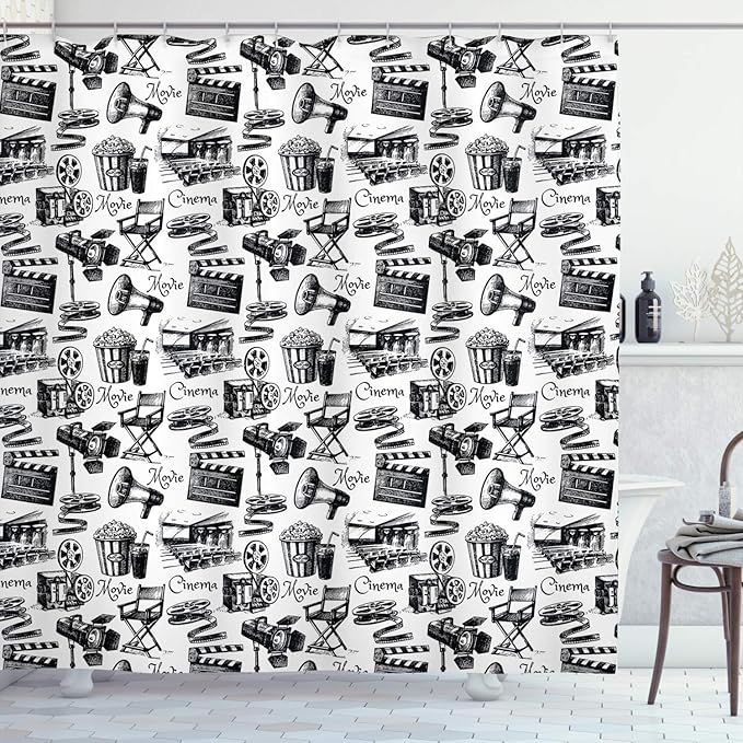 Ambesonne Movie Shower Curtain, Vintage Film Cinema Motion Camera Action Record Graphic Style Print, Cloth Fabric Bathroom Decor Set with Hooks, 69" W x 84" L, Charcoal White