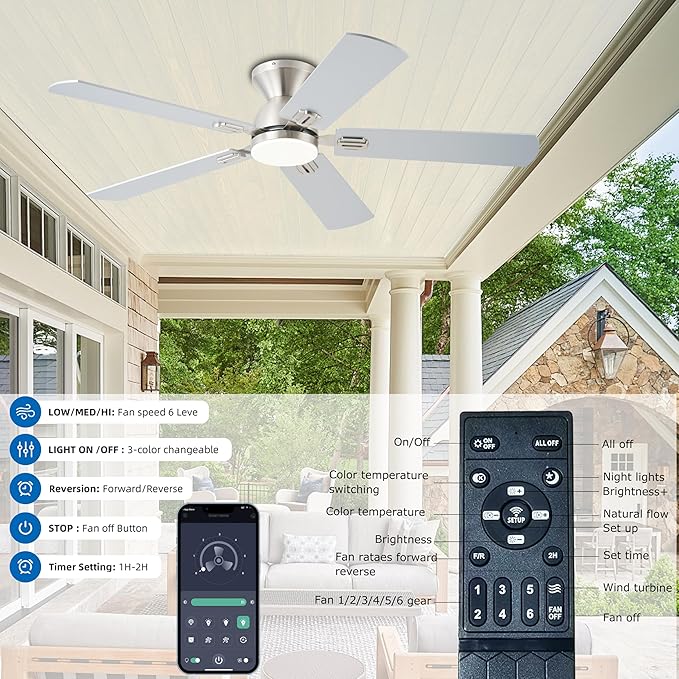 KNUN Ceiling Fan with Light,52 Inch Low Profile Ceiling Fans with Remote Control and App,3 Color Dimmable LED, 6 Speeds DC Reversible,Noiseless, Flush Mount Ceiling Fan for Bedroom, Patio