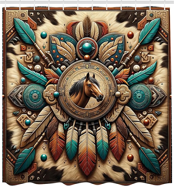 Ambesonne Rustic Shower Curtain, Wild West Horse Arrows and Feathers Southwestern Concept Earthy Colors, Cloth Fabric Bathroom Decor Set with Hooks, 69" W x 70" L, Teal Dark Taupe Cinnamon