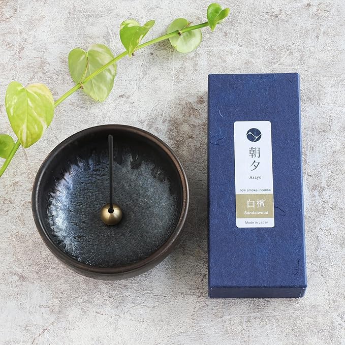 Asayu Japan Low Smoke Incense Gift Set with Incense Holder and Brass Stand, Sandalwood Incense Sticks with Zen Holder