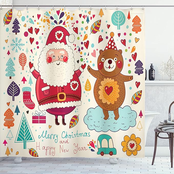 Ambesonne Christmas Shower Curtain, Santa and Teddy Bear Vintage Christmas Season Ornaments Party Theme, Cloth Fabric Bathroom Decor Set with Hooks, 69" W x 84" L, Red Blue
