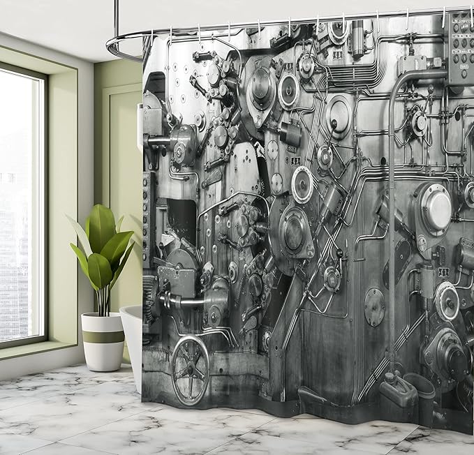 Ambesonne Industrial Shower Curtain, Modern Times Detail of Rusted Machine in Factory Physical Equipment Process, Cloth Fabric Bathroom Decor Set with Hooks, 69" W x 70" L, White Black