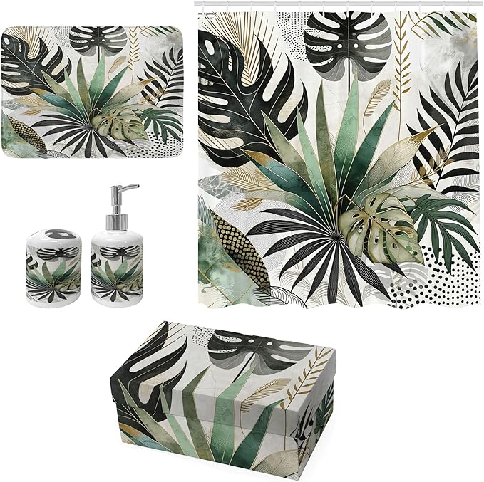 Ambesonne Green Bathroom Decor Set 4 Pcs Including Shower Curtain with Hooks Bath Mat Soap Dispenser Toothbrush Holder in Box Essentials & Accessories, Exotics Scenario Leaves, Teal Pale Khaki Fawn