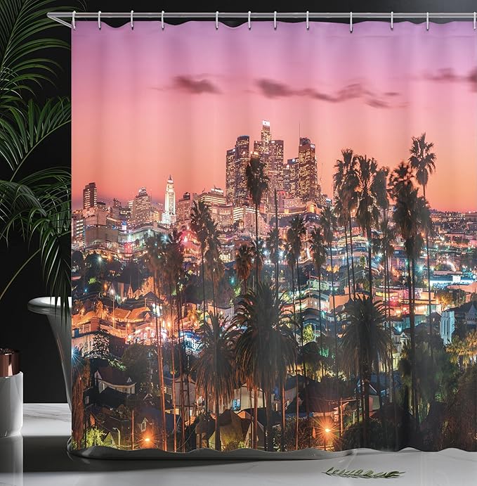 Ambesonne United States Shower Curtain, Vibrant Sunset Twilight Scenery Los Angeles Famous Downtown Palm Trees, Cloth Fabric Bathroom Decor Set with Hooks, 69" W x 70" L, Salmon Pink
