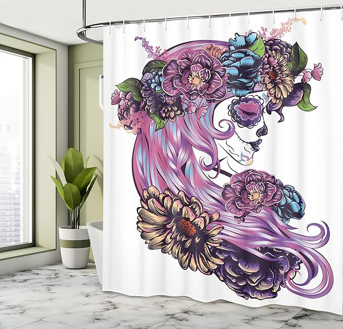 Ambesonne Gothic Shower Curtain, Day of Dead Illustration with Sugar Skull Girl in Flower Wreath, Cloth Fabric Bathroom Decor Set with Hooks, 69" W x 75" L, Purple Blue