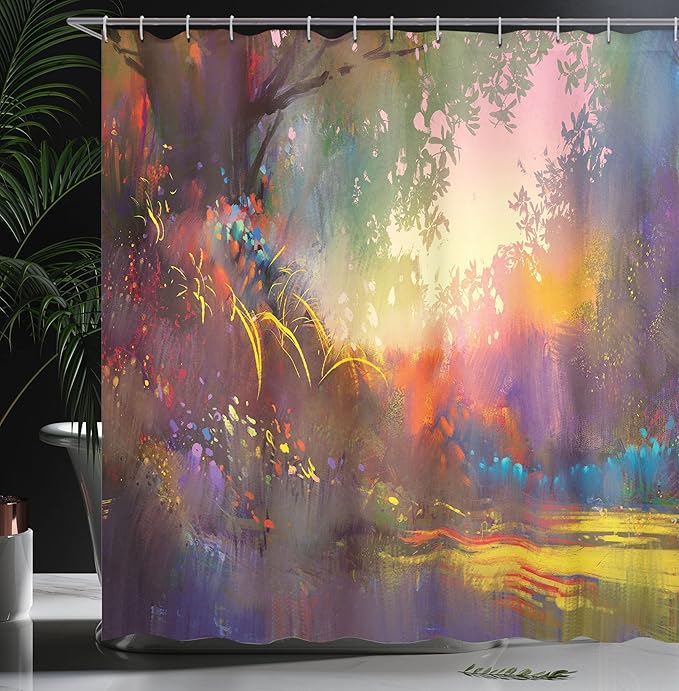 Ambesonne Fantasy Shower Curtain, Lake with Brush Effects Surreal Nature Elf Tranquil and Serene Art Print, Cloth Fabric Bathroom Decor Set with Hooks, 69" W x 84" L, Indigo Earth Yellow Multicolor