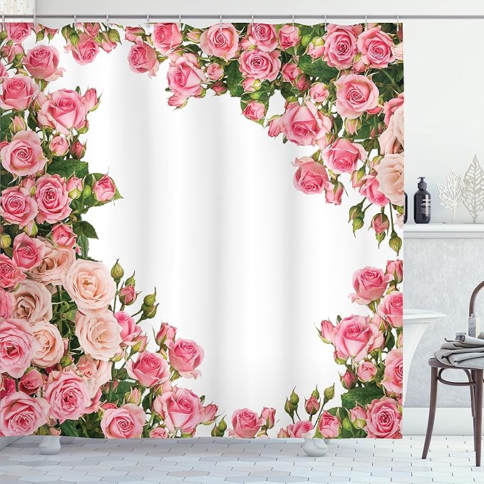 Ambesonne Rose Shower Curtain, Flower Bushes Frame Bridal Themed Elements Park Summer Occasions Illustration, Cloth Fabric Bathroom Decor Set with Hooks, 69" W x 70" L, Pink Green White