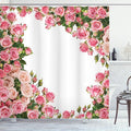 Ambesonne Rose Shower Curtain, Flower Bushes Frame Bridal Themed Elements Park Summer Occasions Illustration, Cloth Fabric Bathroom Decor Set with Hooks, 69" W x 70" L, Pink Green White