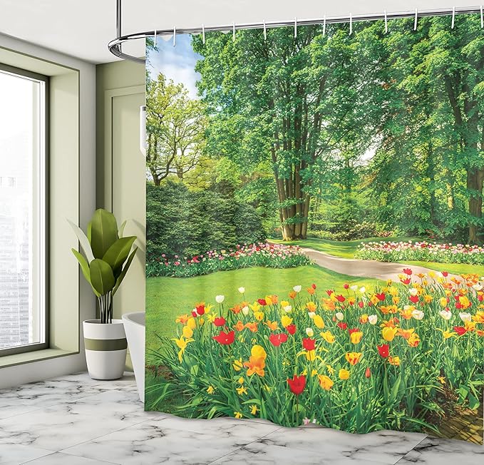 Ambesonne Garden Shower Curtain, Garden in Keukenhof Colorful Tulip Flowers and Trees Foliage Spring Season, Cloth Fabric Bathroom Decor Set with Hooks, 69" W x 75" L, Yellow Green