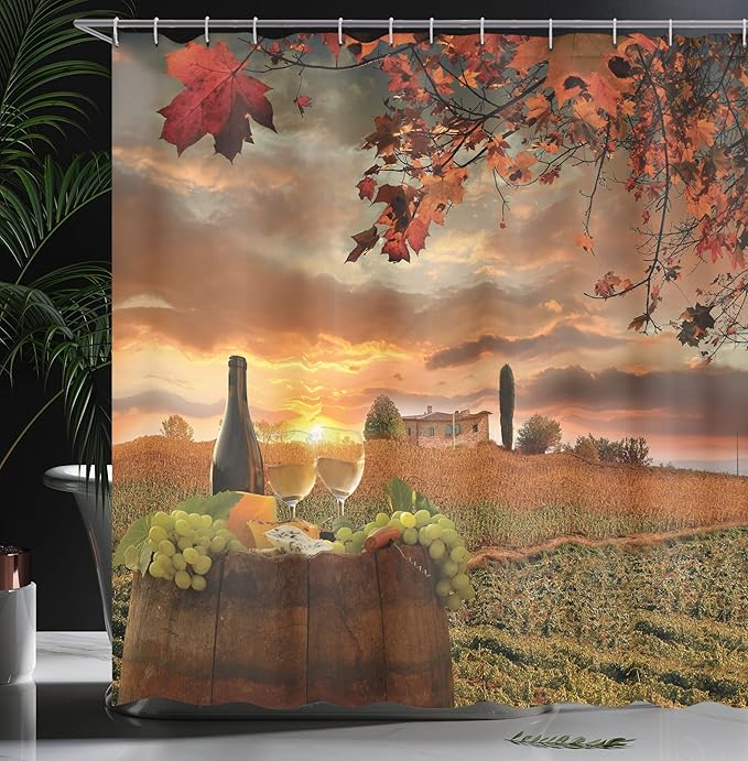 Ambesonne Winery Shower Curtain, White Wine with Cask on Vineyard at Sunset in Chianti Tuscany Italy, Cloth Fabric Bathroom Decor Set with Hooks, 69" W x 84" L, Apple Green
