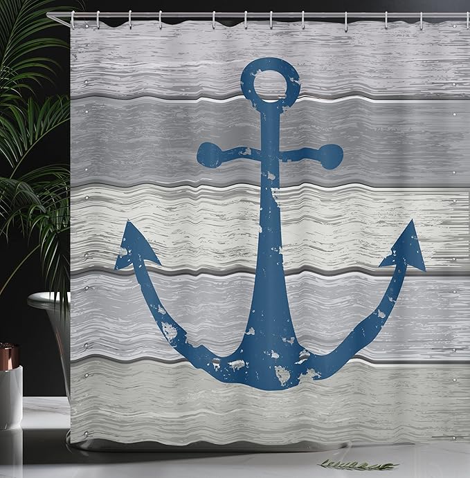 Ambesonne Anchor Shower Curtain, Rustic Nautical Maritime Sail Colored Symbol on Grunge Wooden Planks, Cloth Fabric Hotel Style Master Bathroom Decor Set with Hooks for Home, 69" W x 70" L, Night Blue