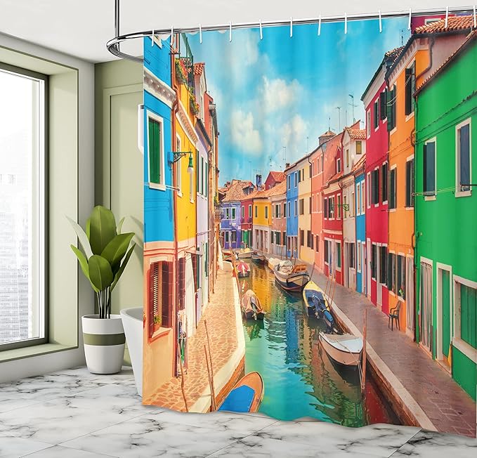 Ambesonne Venice Shower Curtain, Colorful Buildings and Water Canal with Boats Burano Island in The Venetian Lagoon, Cloth Fabric Bathroom Decor Set with Hooks, 69" W x 75" L, Blue Multicolor