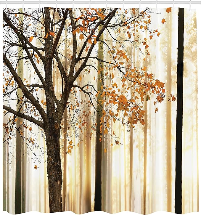 Ambesonne Autumn Shower Curtain, Picture of Tree with Orange Leaves an Abstract Woodland Background, Cloth Fabric Decor for Home Fall Curtains Bathroom Set with 12 Hooks, 69" W x 84" L, Orange Yellow
