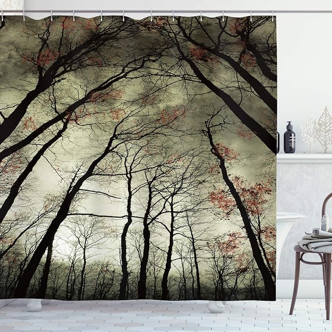 Ambesonne Nature Shower Curtain, Mystic Dark Forest Dead Trees, Cloth Fabric Bathroom Decor Set with Hooks, 69" W x 70" L, Green Khaki