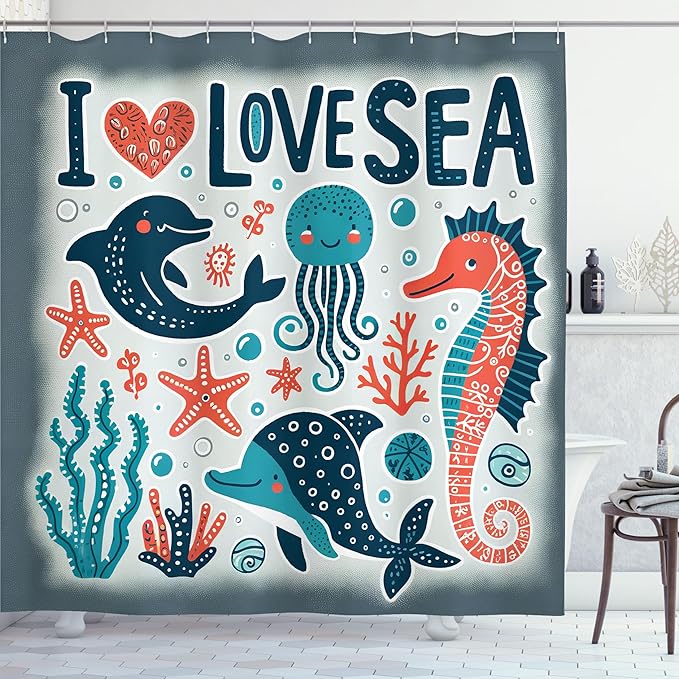 Ambesonne Nautical Shower Curtain, I Love Sea Lettering Happy Ocean Scenario Seahorse Dolphin Jellyfish Funny, Cloth Fabric Bathroom Decor Set with Hooks, 69" W x 84" L, Blue Coral Coconut