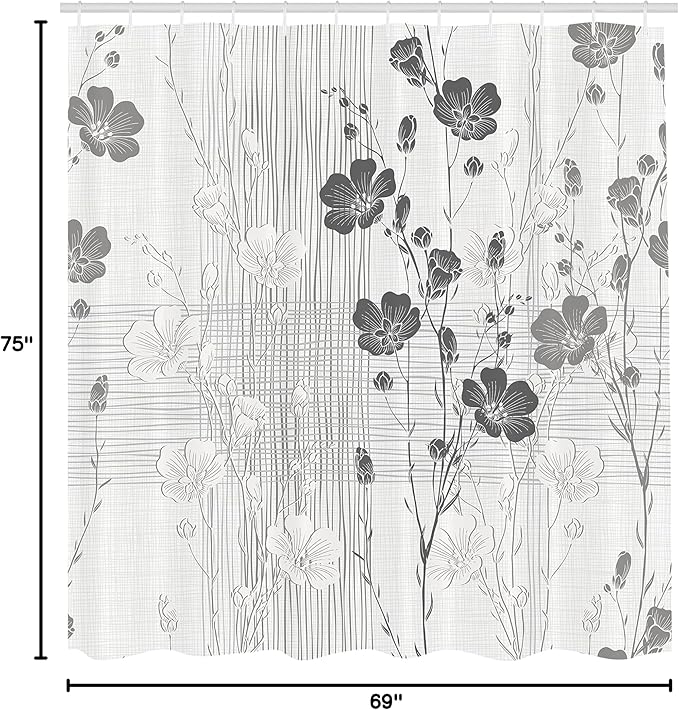 Ambesonne Flower Shower Curtain, Blooming Buds and Hibiscus Flowers with Simple Striped and Crossed Pattern Print, Cloth Fabric Bathroom Decor Set with Hooks, 69" W x 75" L, Ivory Grey