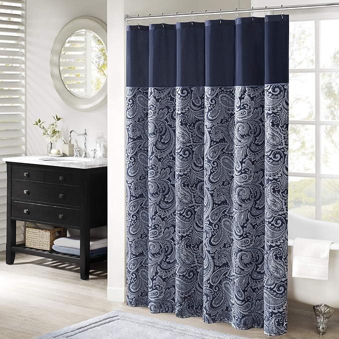 Madison Park Aubrey Shower Curtain Paisley Jacquard Pieced Microfiber Faux Silk Modern Home Bathroom Decorations Bathtub Privacy Screen, Decorative Bathroom, 72" x 72", Navy