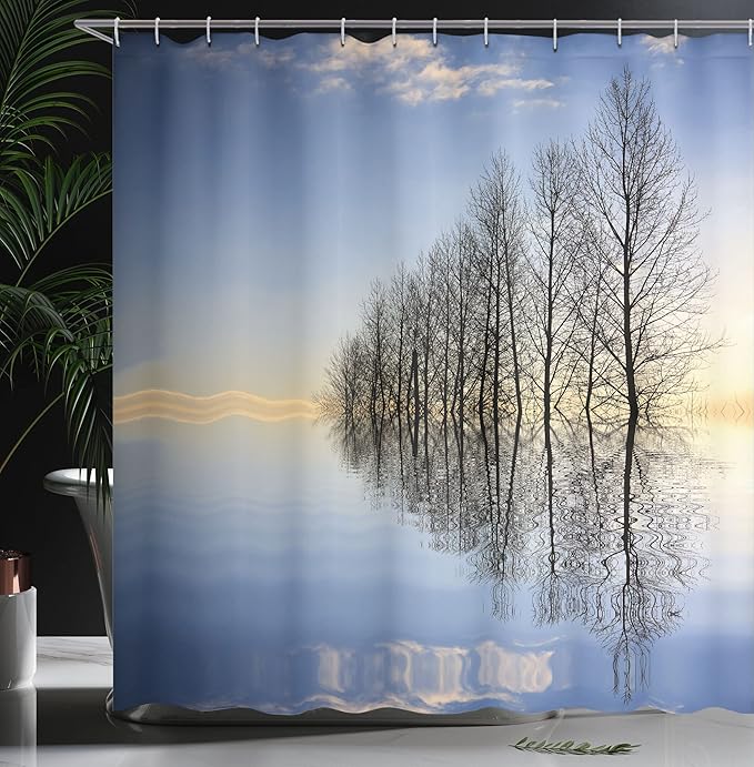 Ambesonne Landscape Shower Curtain, Trees on Top of The Frozen Lake in The Winter Scenic Forces of Nature Art Print, Cloth Fabric Bathroom Decor Set with Hooks, 69" W x 84" L, Blue Brown
