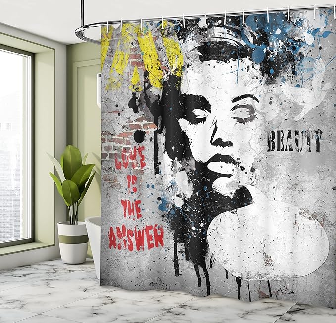 Ambesonne Graffiti Shower Curtain, Modern and Grunge Wall with a Girl and Words Casual Youth Urban Fashion Print, Cloth Fabric Bathroom Decor Set with Hooks, 69" W x 75" L, Yellow Grey