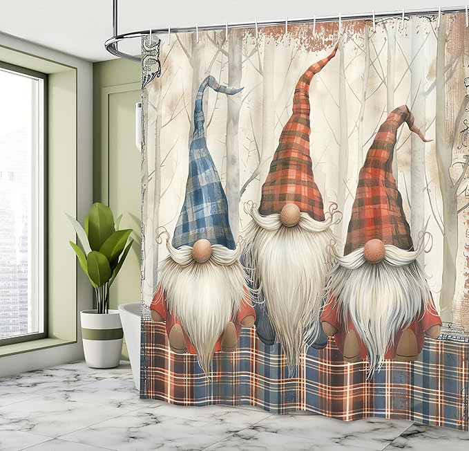 Ambesonne Christmas Shower Curtain, Gnomes with Plaid Hats Print Whimsical Xmas Elves Santa's Helpers, Cloth Fabric Bathroom Decor Set with Hooks, 69" W x 70" L, Blue Brown Burnt Sienna