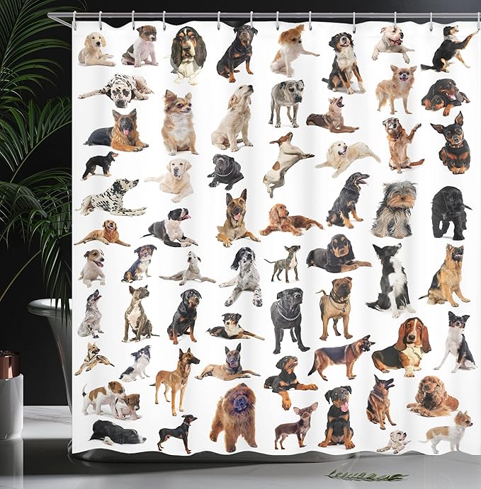 Ambesonne Dog Lover Shower Curtain, Composite Picture with Dogs Australian Sheepdog Belgian Boxer Italian Mastiff, Cloth Fabric Bathroom Decor Set with Hooks, 69" W X 70" L, Brown Black
