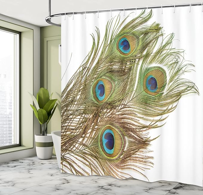 Ambesonne Peacock Shower Curtain, Macro Peacock Tail Feather Like Third Eyes Vitality New Life Path Awakening Print, Cloth Fabric Bathroom Decor Set with Hooks, 69" W x 84" L, White Green