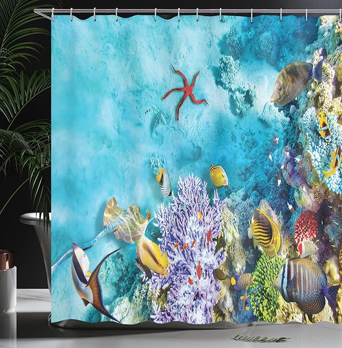 Ambesonne Ocean Shower Curtain, Corals Fishes Jellyfish Scatefish Starfish in Shallow Underwater, Cloth Fabric Bathroom Decor Set with Hooks, 69" W x 70" L, Sea Blue