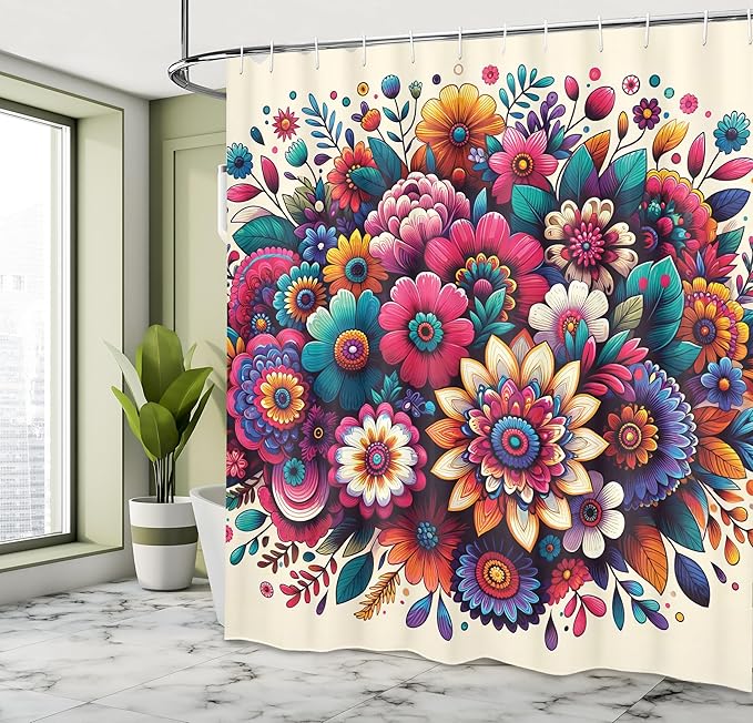 Ambesonne Boho Floral Shower Curtain, Abstract Whimsical Trippy Colorful Flowers Arrange on Beige Back, Cloth Fabric Bathroom Decor Set with Hooks, 69" W x 84" L, Hot Pink Teal Multicolor