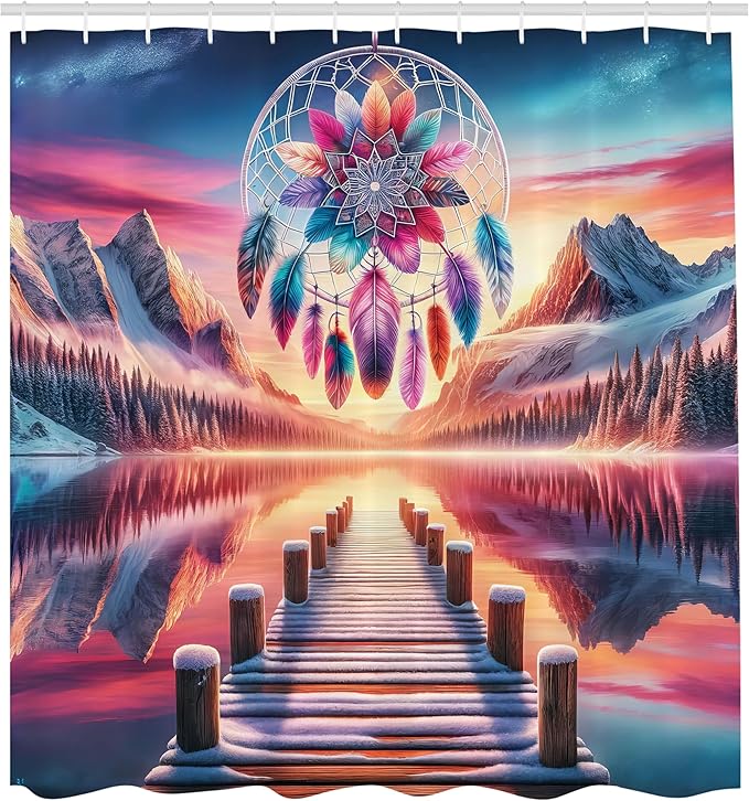 Ambesonne Lake Shower Curtain, Pure Wild Mountains Sunset Sky Dreamcatcher Feathers in Psychedelic Colors, Cloth Fabric Bathroom Decor Set with Hooks, 69" W x 84" L, Pink Peach and Teal