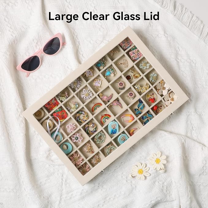 Frebeauty 48 Grid Earring Organizer,Velvet Jewelry Tray with Clear Lid | Drawer Jewelry Organizer for Rings Studs Beads,Adjustable Dividers,Dustproof,Earring Storage,Trinket Box,13.8×9.5Inches