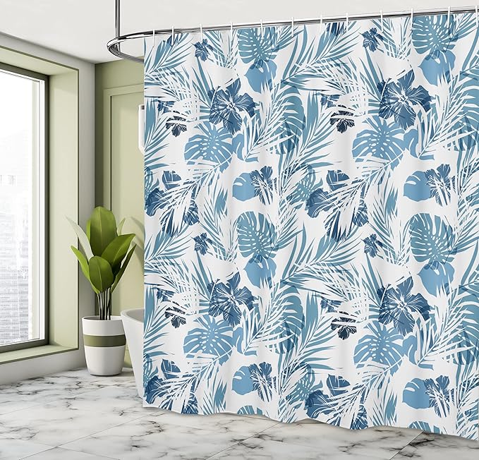 Ambesonne Leaf Shower Curtain, Island Ocean Beach Sea Inspired Hawaiian Flowers Palm Tree Leaves Art Print, Cloth Fabric Bathroom Decor Set with Hooks, 69" W x 70" L, Blue
