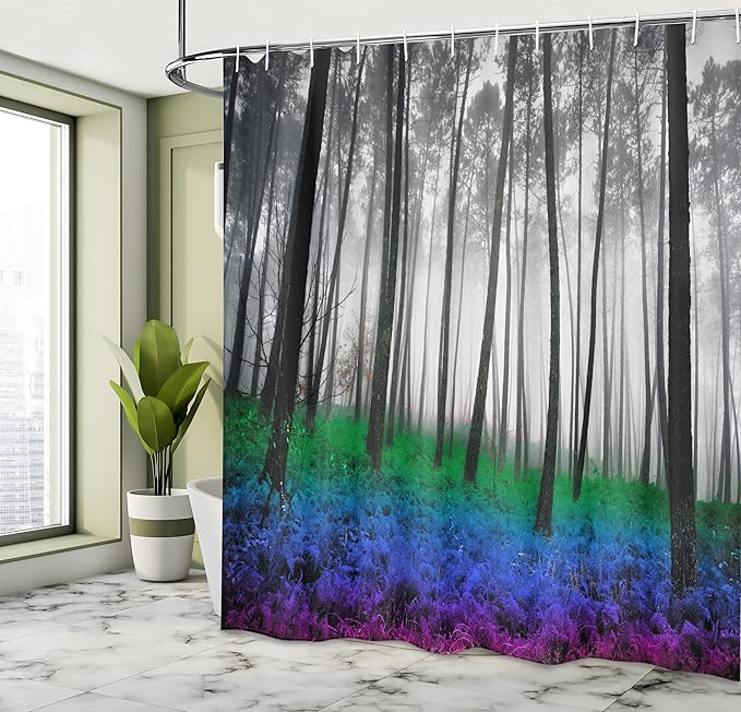 Ambesonne Forest Shower Curtain, Mystical Fantasy Woodland Under Heavy Fog Tall Trees Bushes Contrast Colors, Cloth Fabric Bathroom Decor Set with Hooks, 69" W x 75" L, Blue Green