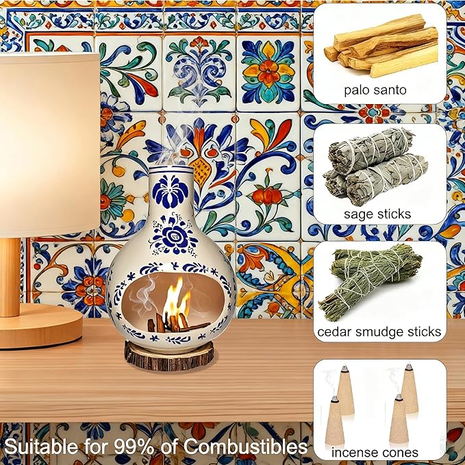 Ceramic Incense Holder Palo Santo Burner Talavera Mexican Pottery Decor for Home 7.5" Mini Chimenea Incense Burner for Sage Sticks Rituals, Christmas Yoga Spa Gifts